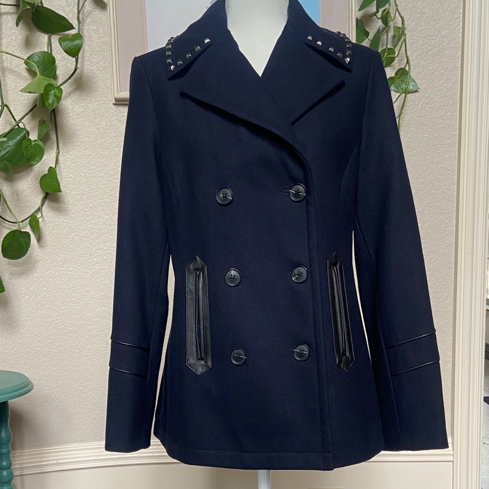 Sale! Studded Navy Women's Coat w/ studded collar,leather accents. Michael Kors. - Picture 7 of 16